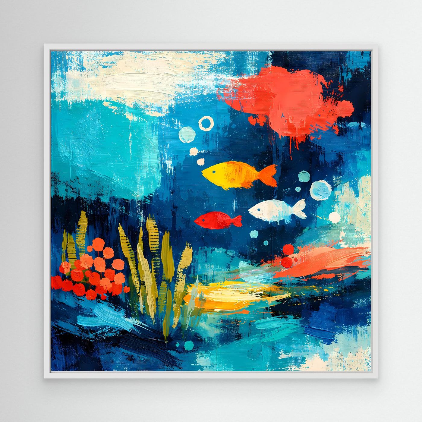 Underwater abstract wall canvas with fish and coral, white frame, blue and red hues