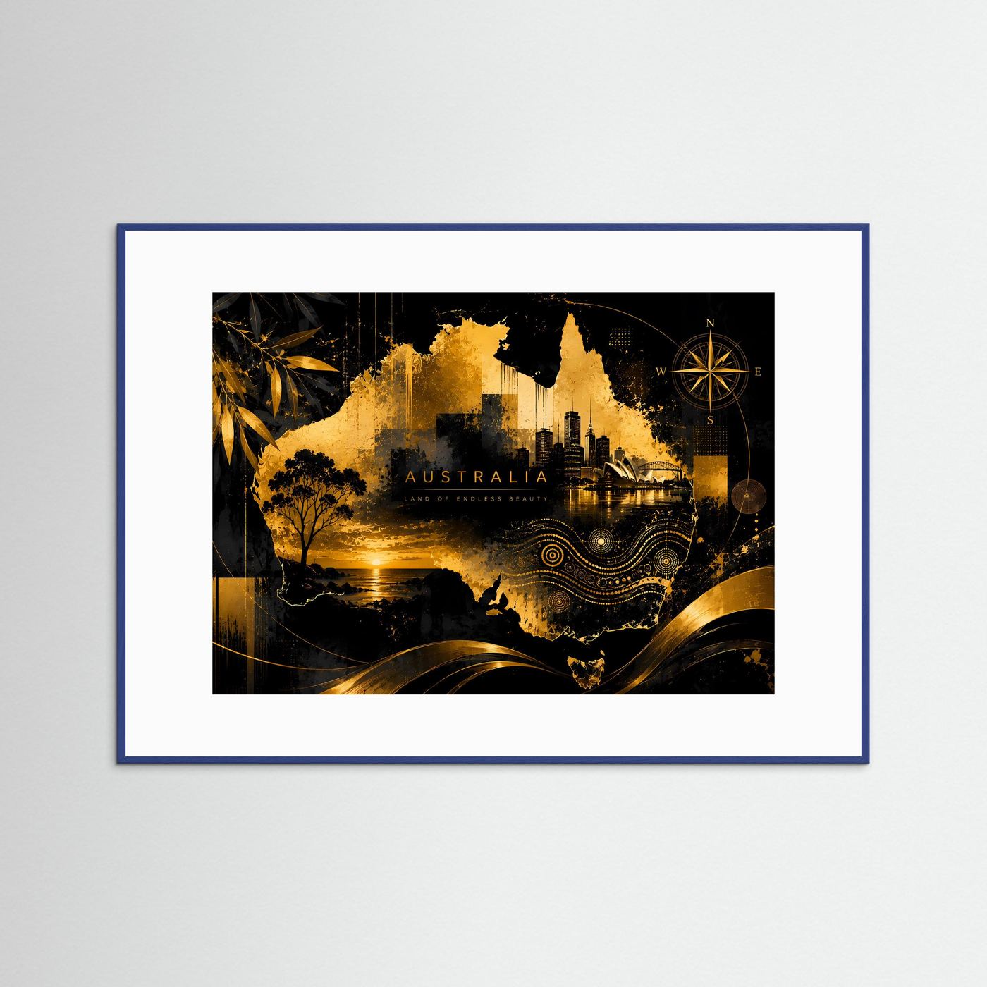 Querformat-Poster mit schwarzem Goldmotiv „Australien“ im blauen Rahmen