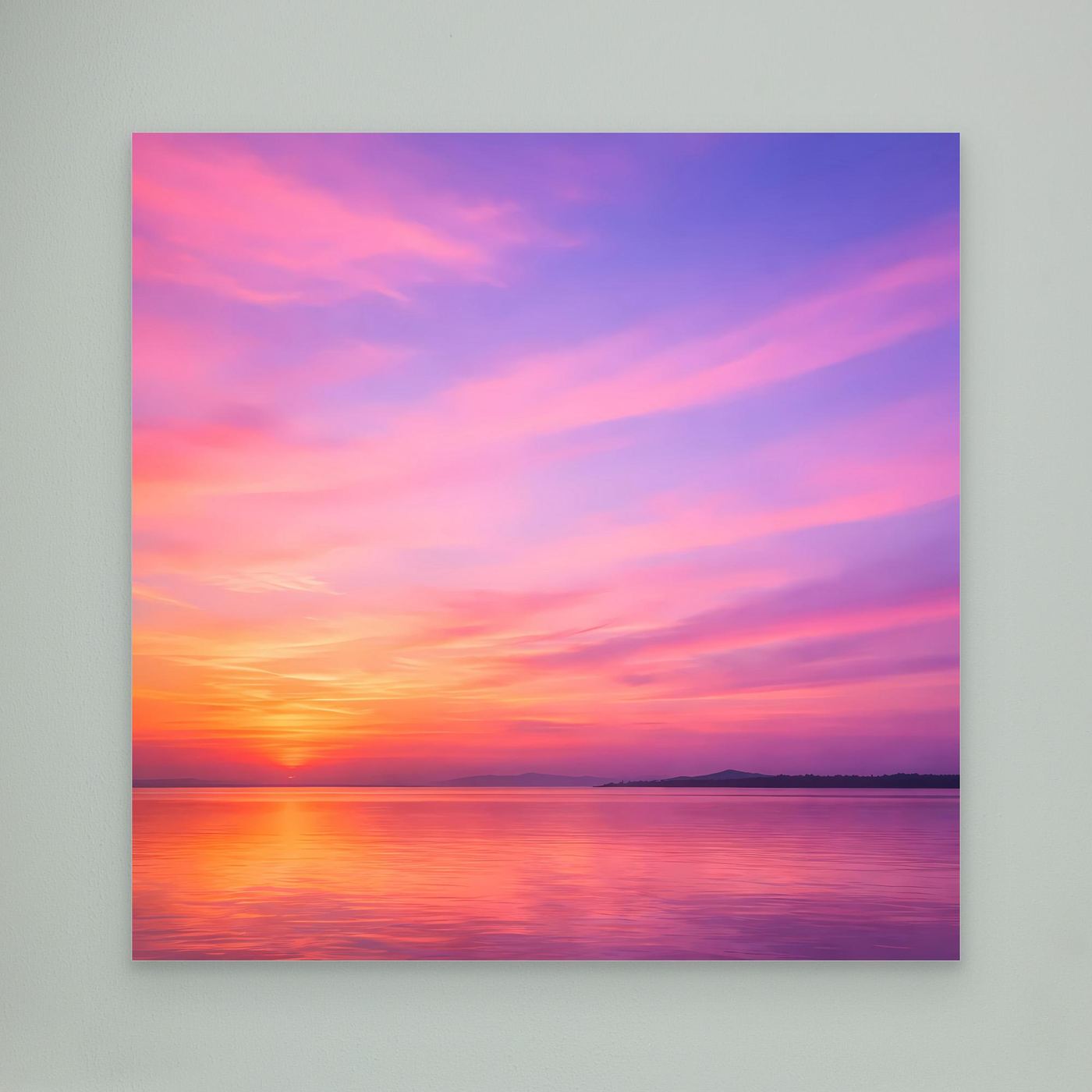 Leinwandbild „Pastel Sunset“ ohne Rahmen, farbenfroher Pastell-Sonnenuntergang mit Wasserreflexion.