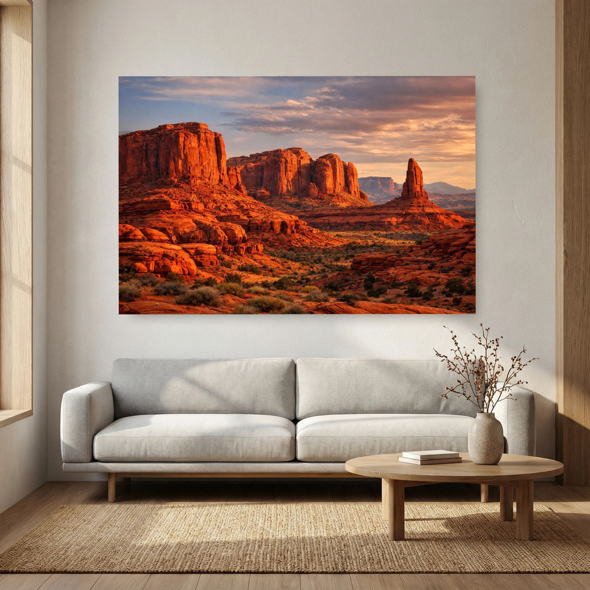Wandbild im Querformat mit roter Felslandschaft und Abendhimmel an Wohnzimmerwand