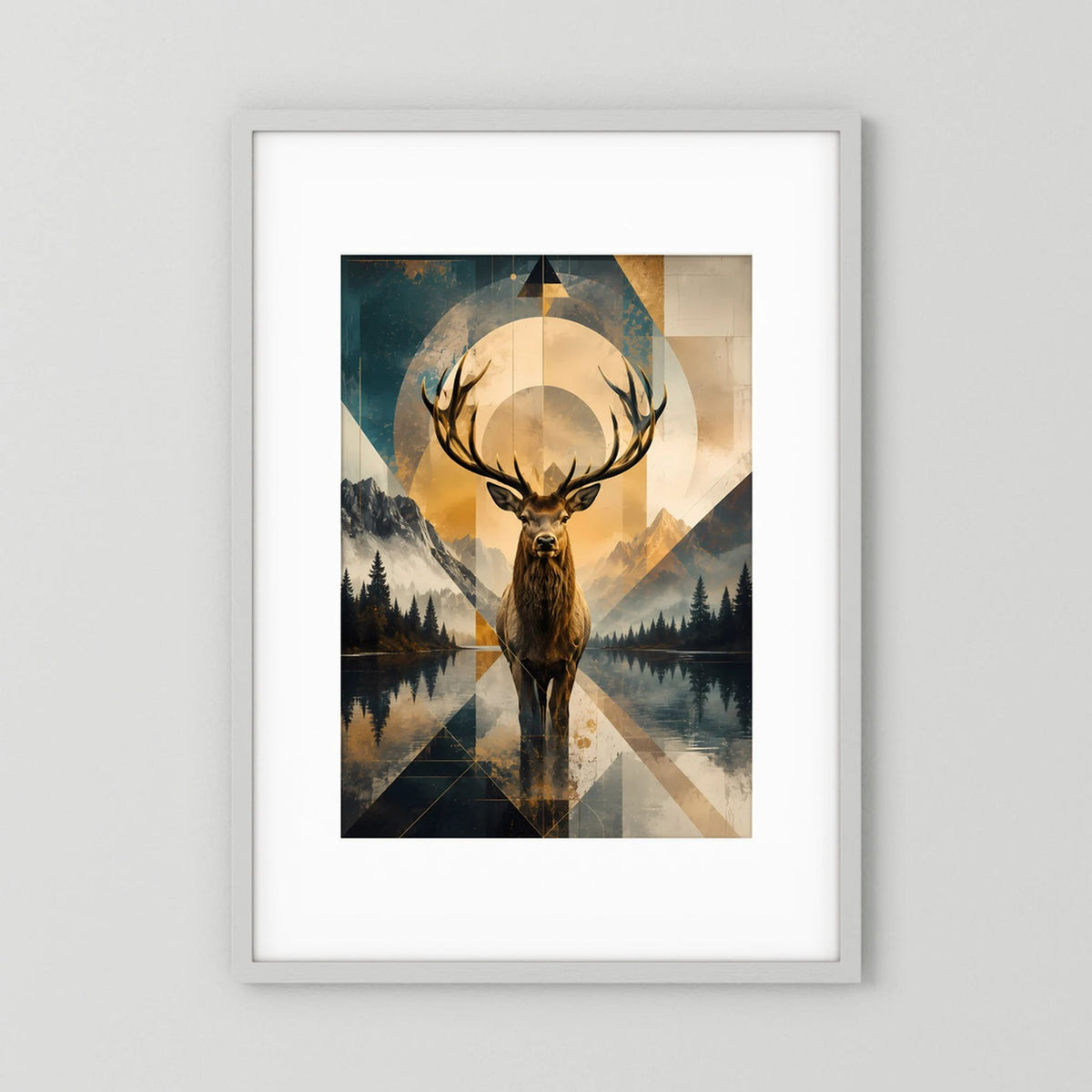 Hochformat-Poster mit geometrischem Hirsch und Berglandschaft in Gold, weiß gerahmt