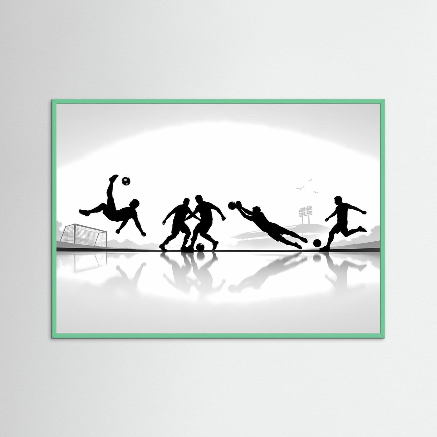 Fußball-Poster im grünen Rahmen mit schwarzweißen Spieler-Silhouetten, Querformat