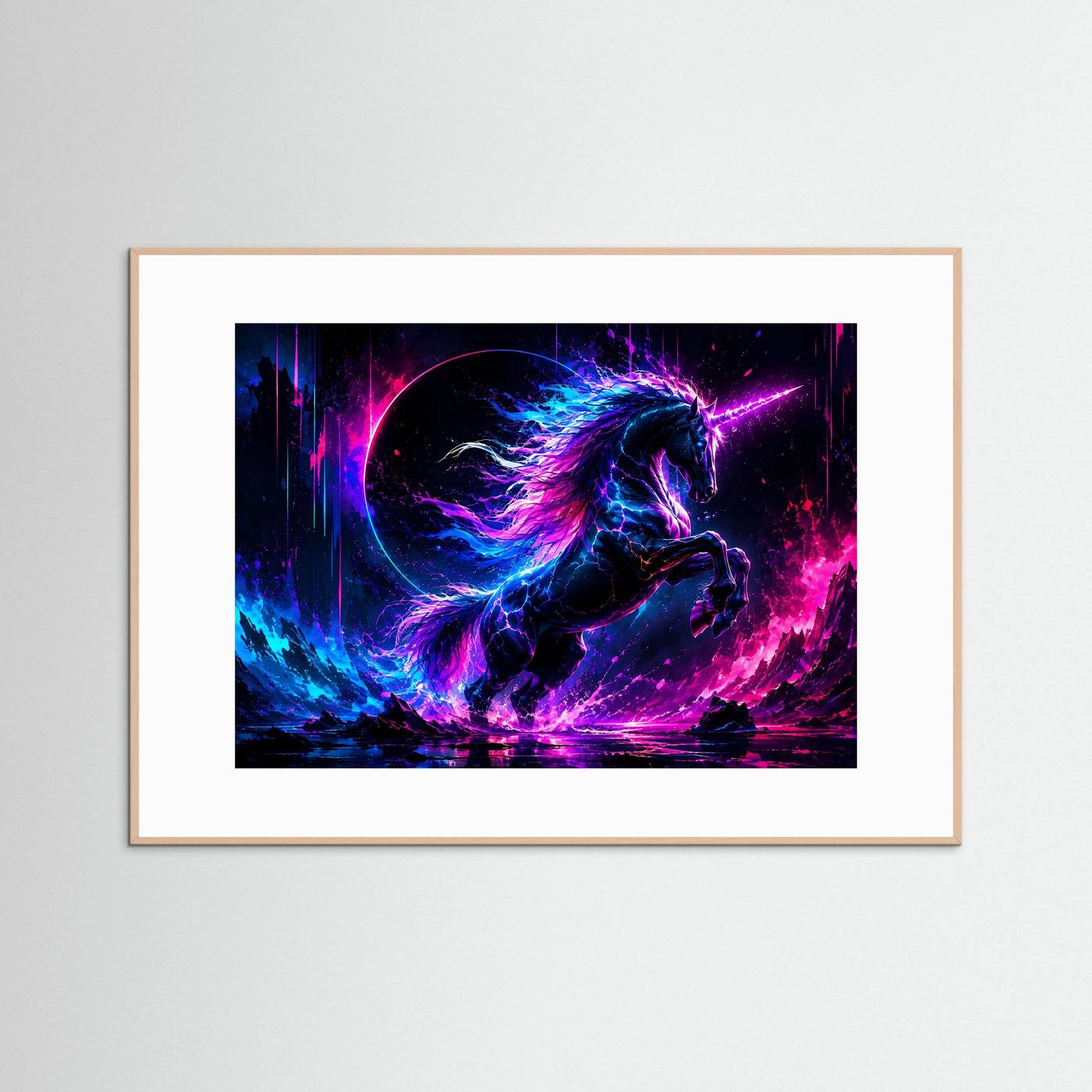 Mystisches Neon Einhorn Poster | Magisches Fantasy Wandbild in Pink, Blau & Violett Querformat