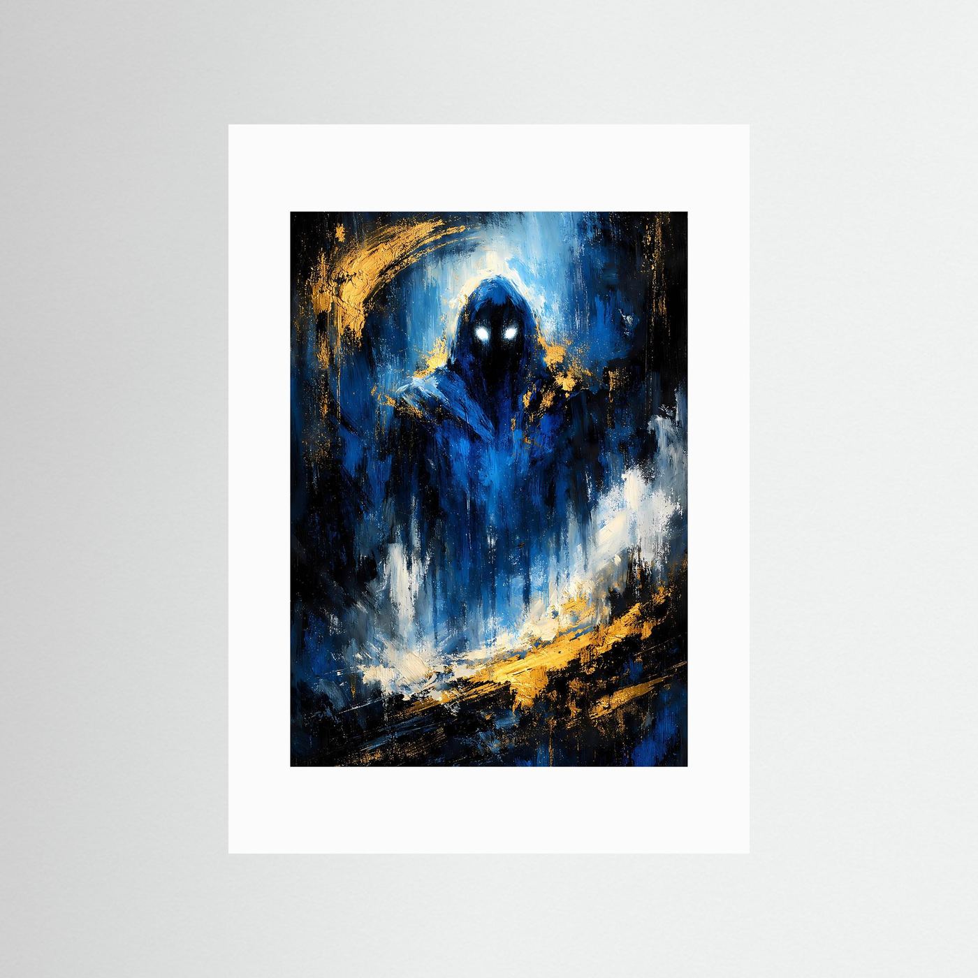 Fantasy-Kunstposter im Hochformat mit weißem Passepartout: blaue Magierfigur, goldene Akzente