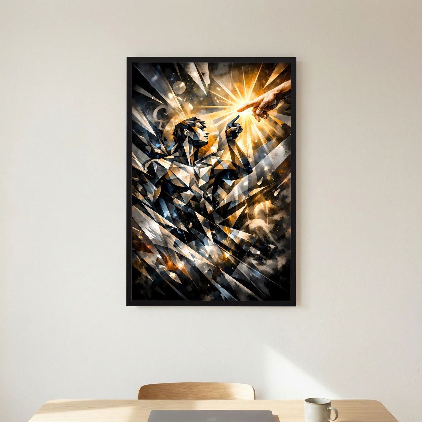 Abstraktes Hochformat-Wandposter im schwarzen Rahmen mit goldener Strahlenquelle und dreieckigem Motiv