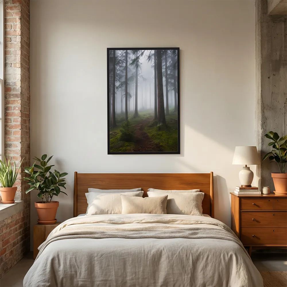Gerahmtes Hochformat-Poster mit Nebelwald und moosigem Pfad, schwarzer Rahmen