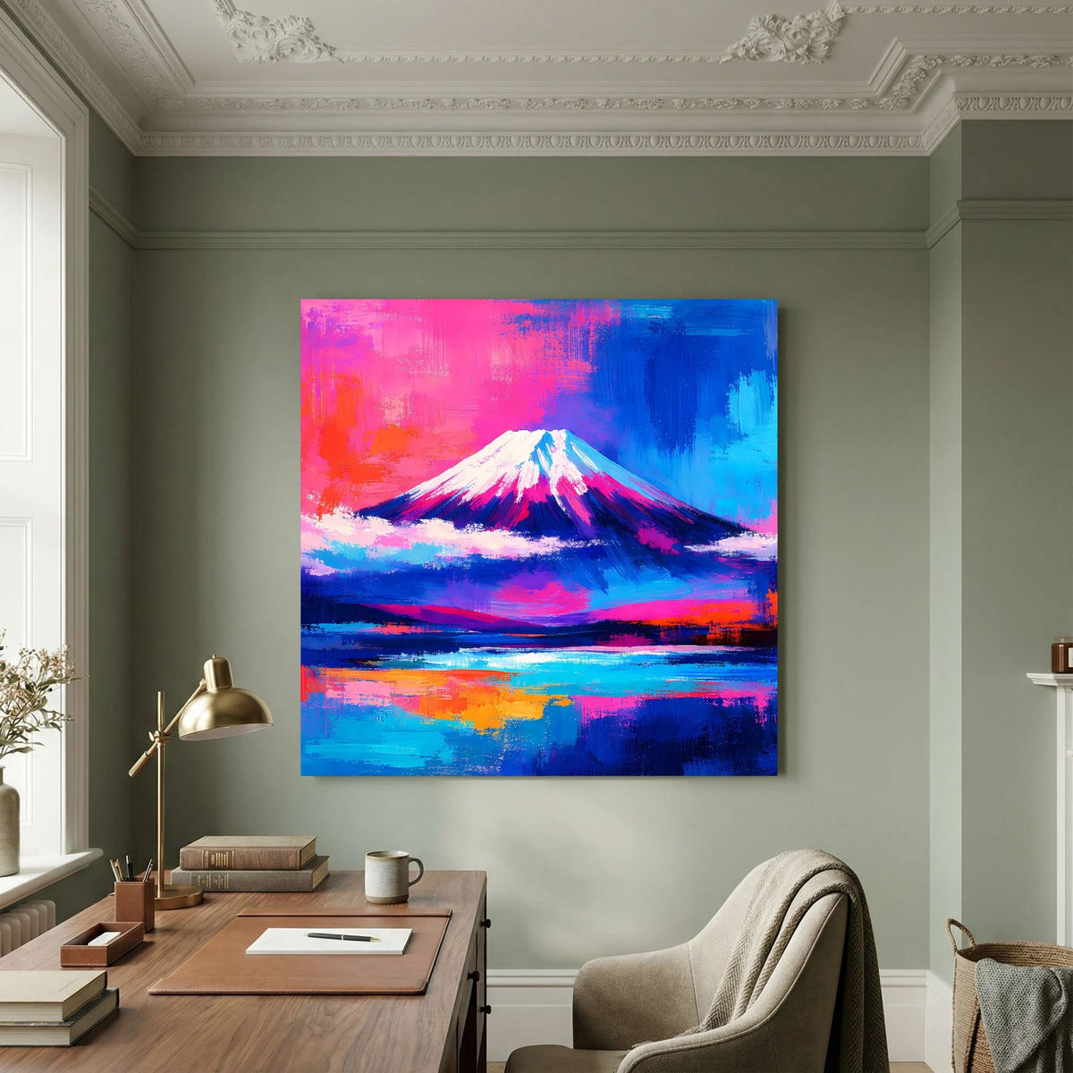Abstraktes Leinwandbild mit Fuji-Berg und farbigem Sonnenuntergang auf Holzkeilrahmen