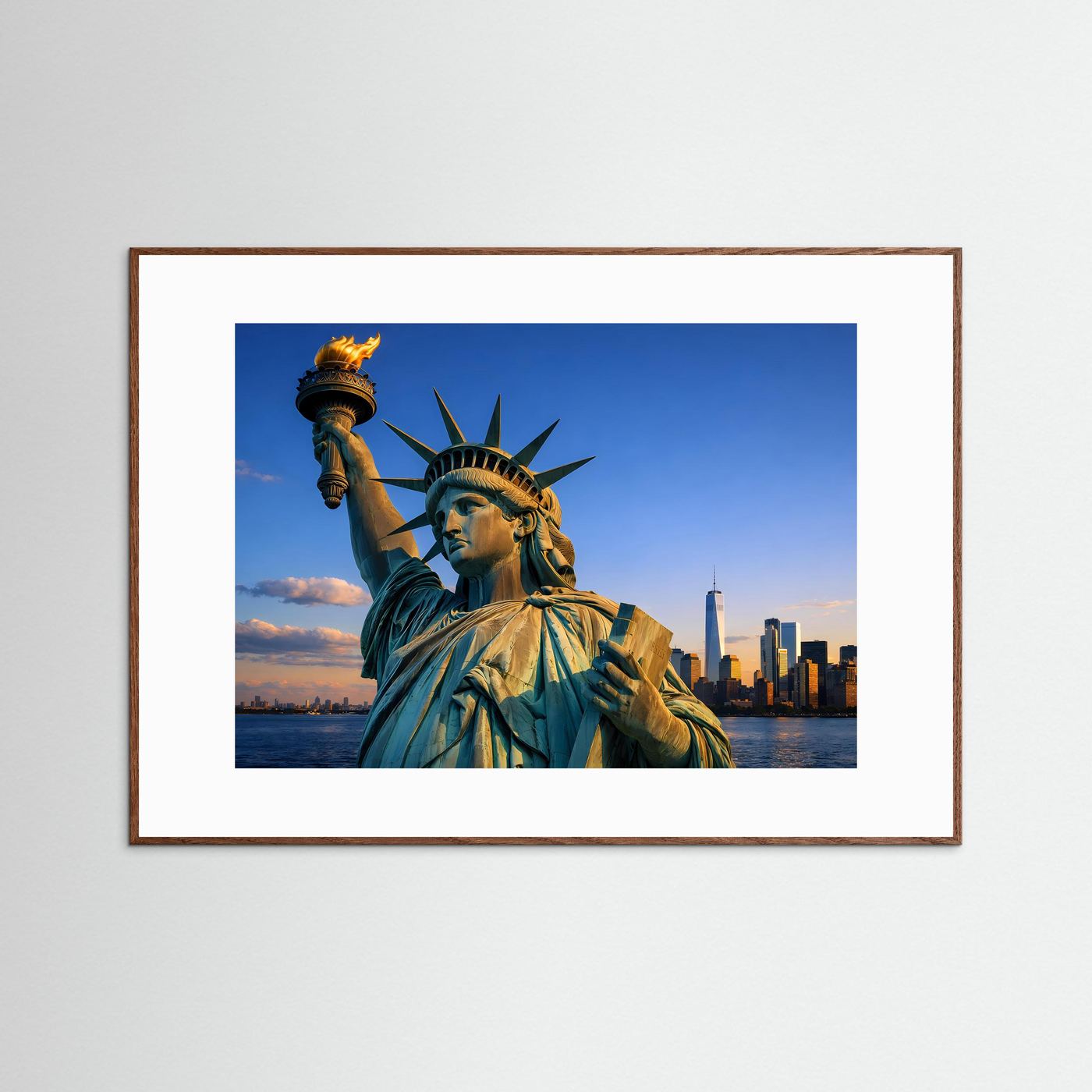 Poster mit Freiheitsstatue und New York Skyline, brauner Holzrahmen, Querformat