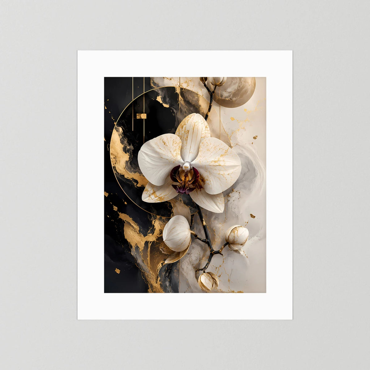 Poster mit weißer Orchidee in Schwarz und Gold, weißer Rahmen.