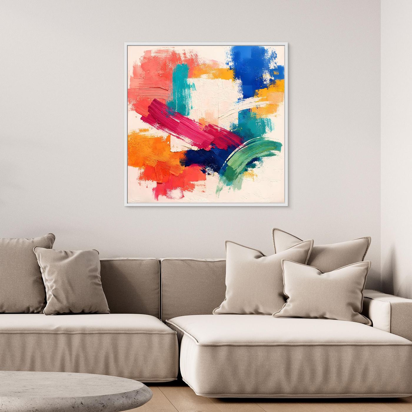 Colorful abstract canvas painting with bold brush strokes, white frame