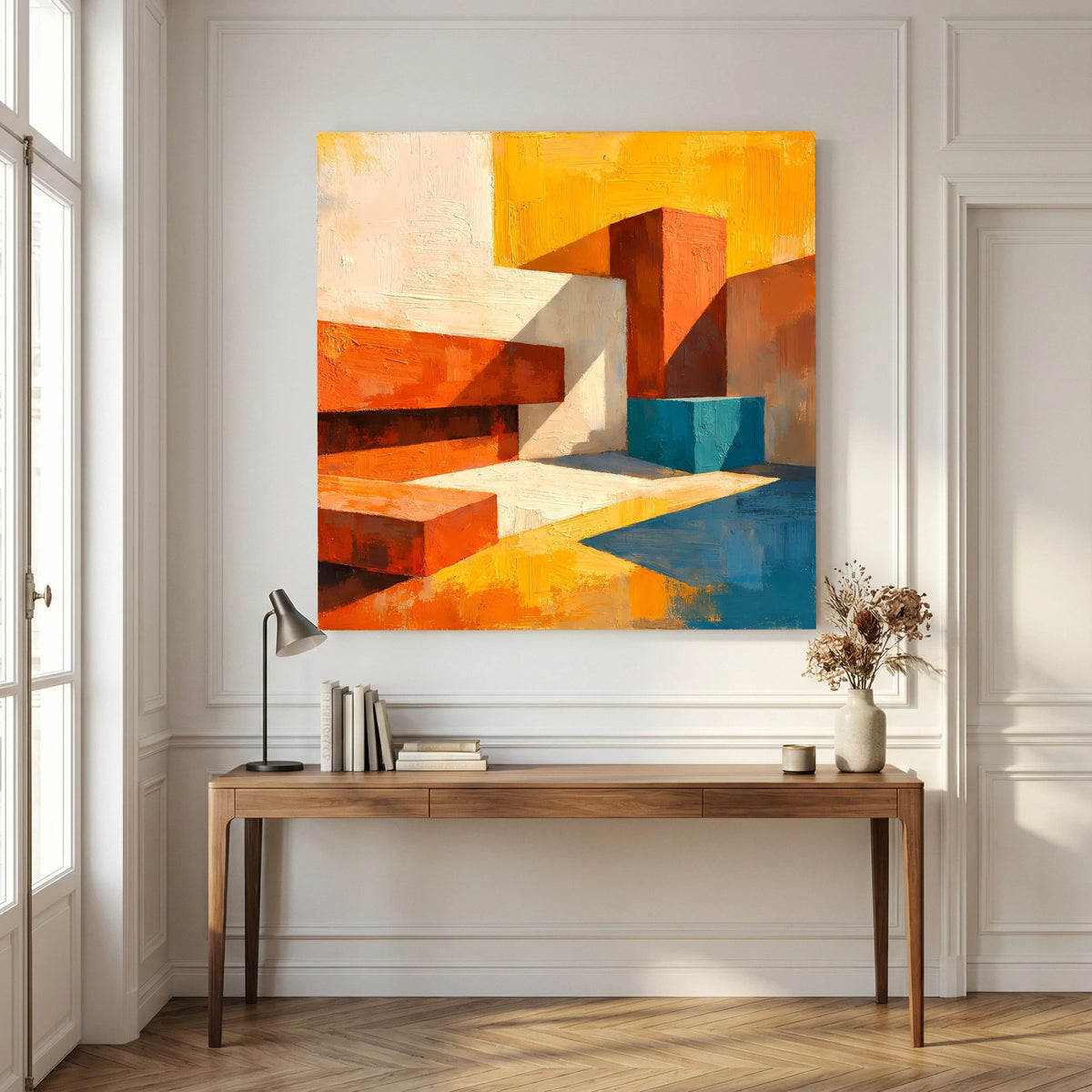 Abstraktes Leinwand-Wandbild mit geometrischen Elementen in Orange, Weiß und Blau
