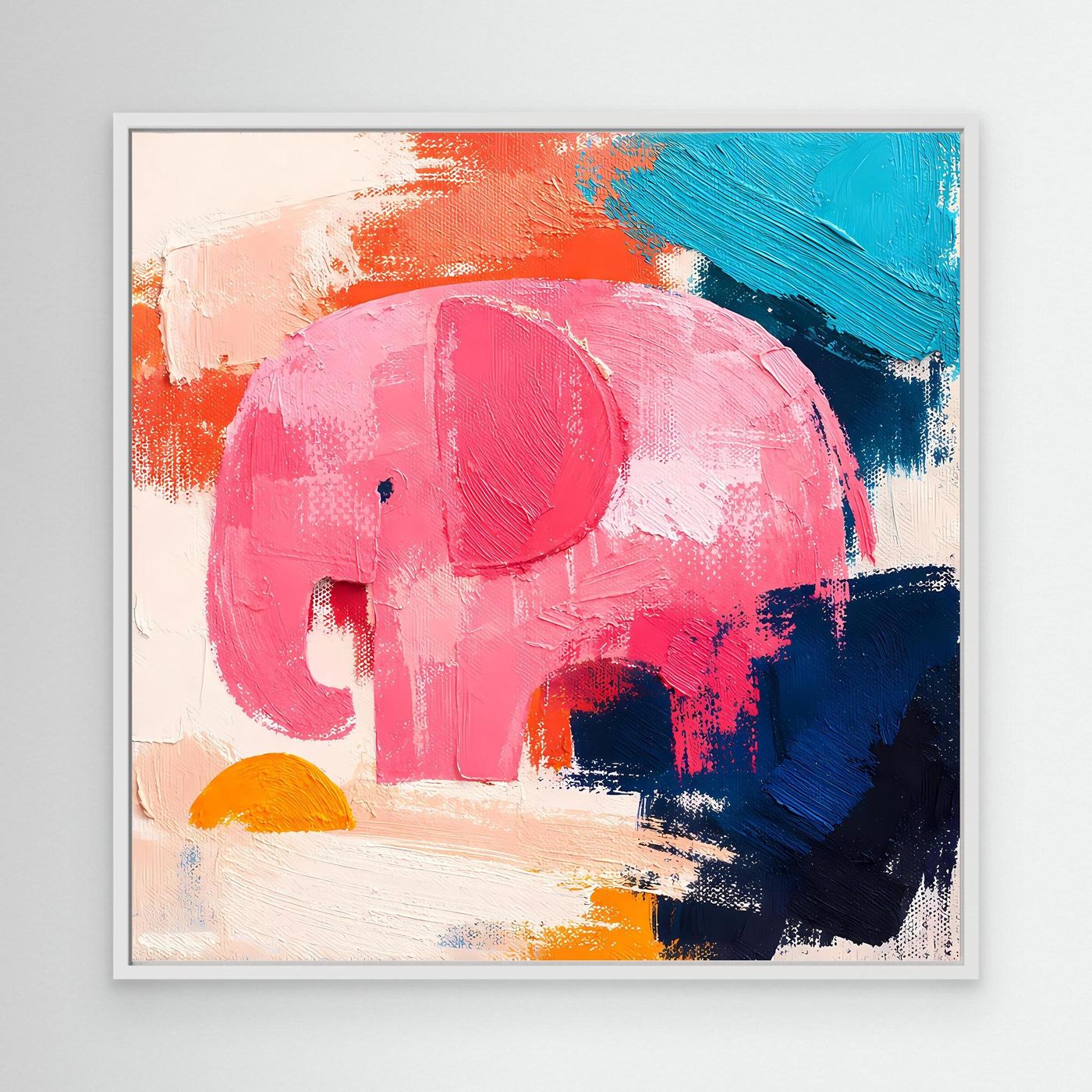 White-framed abstract elephant wall painting with pink, blue, and orange brushstrokes
