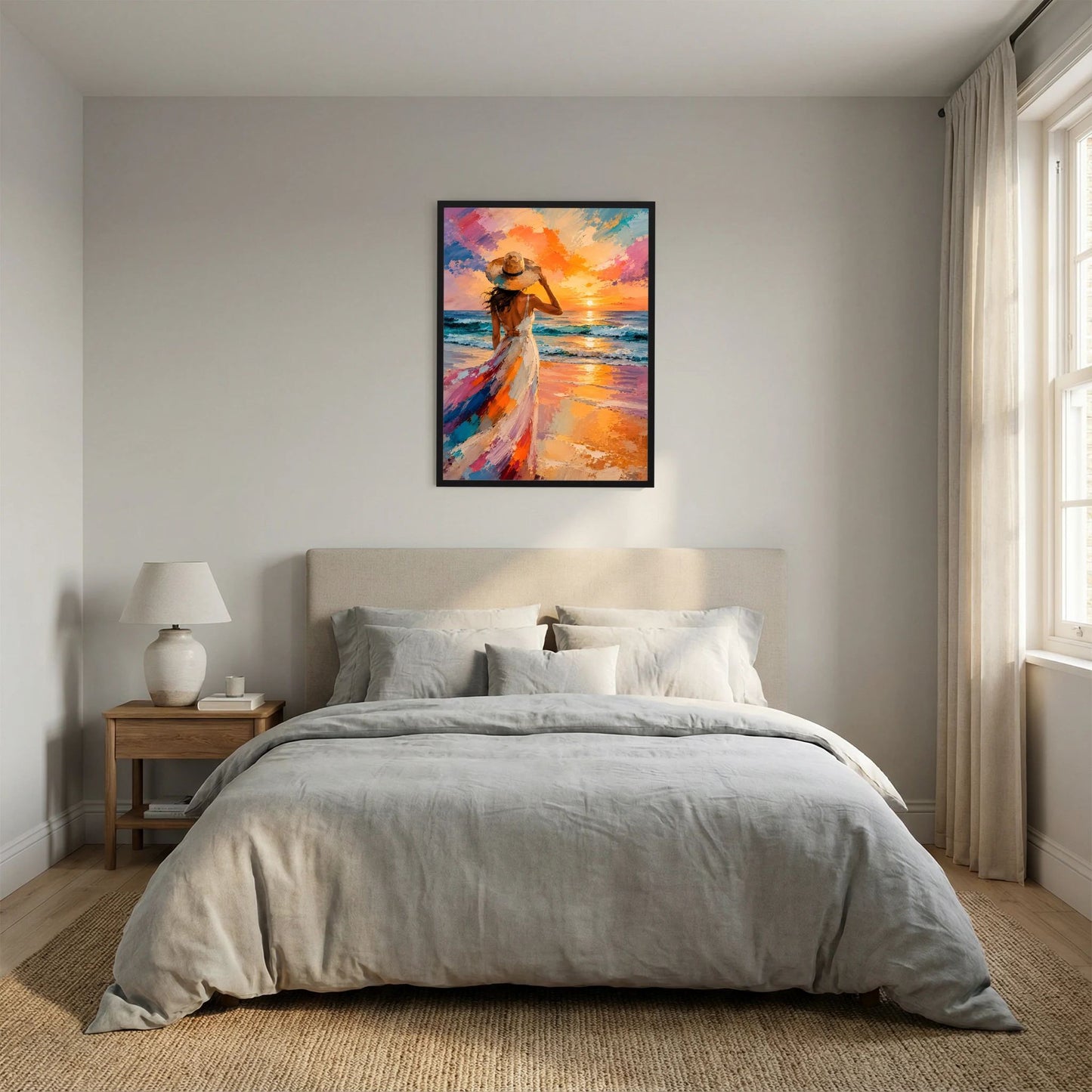 Hochformatiges Poster mit Frau am Meer bei Sonnenuntergang, im schwarzen Rahmen
