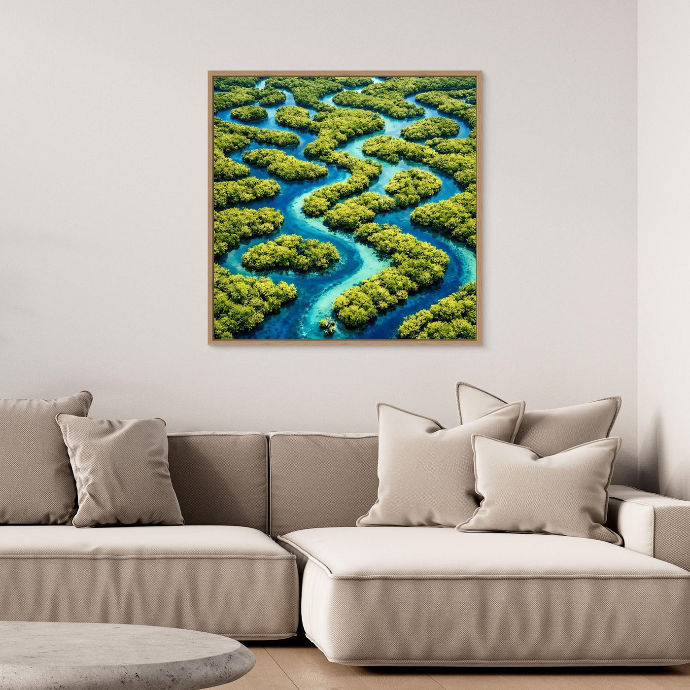 Abstraktes Leinwandbild mit grünem Wasserlabyrinth und blauen Flussarmen, Holzrahmen