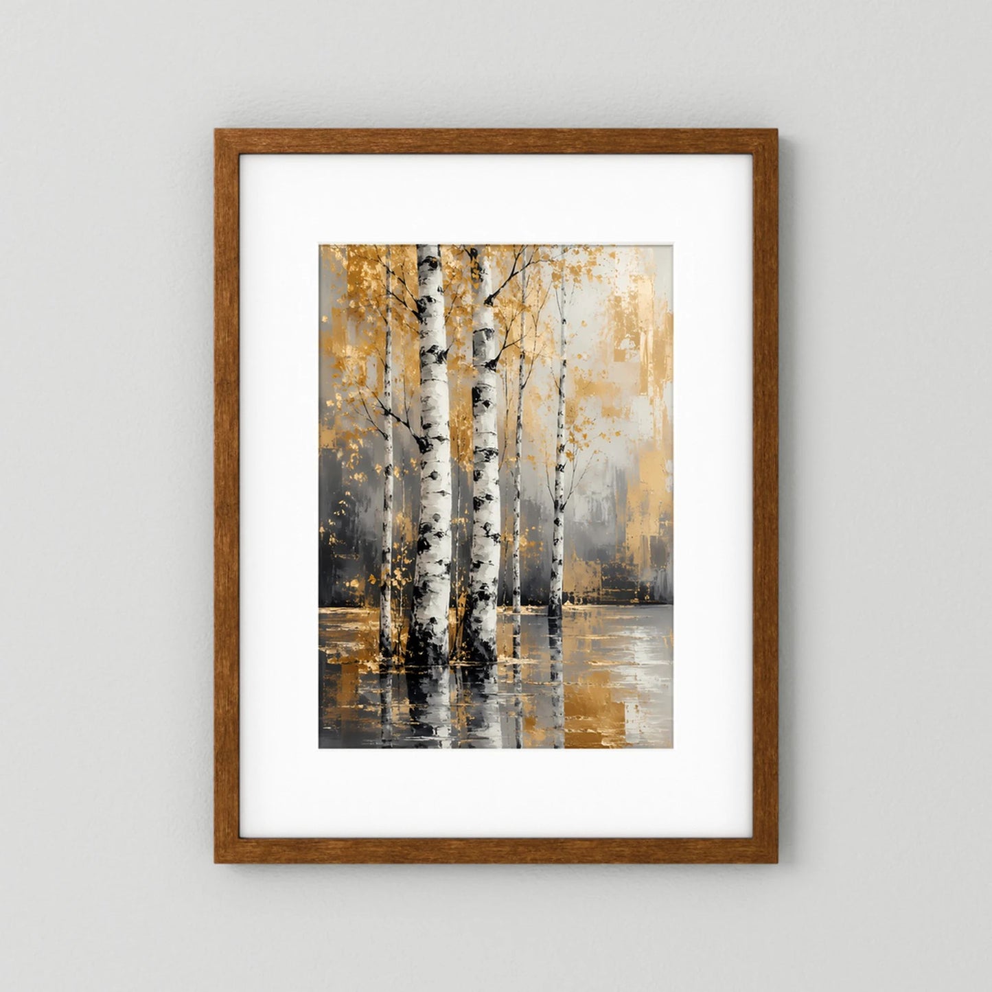 Hochformat-Poster: abstrakte Birken mit Goldtönen und Wasserreflexion, braun gerahmt
