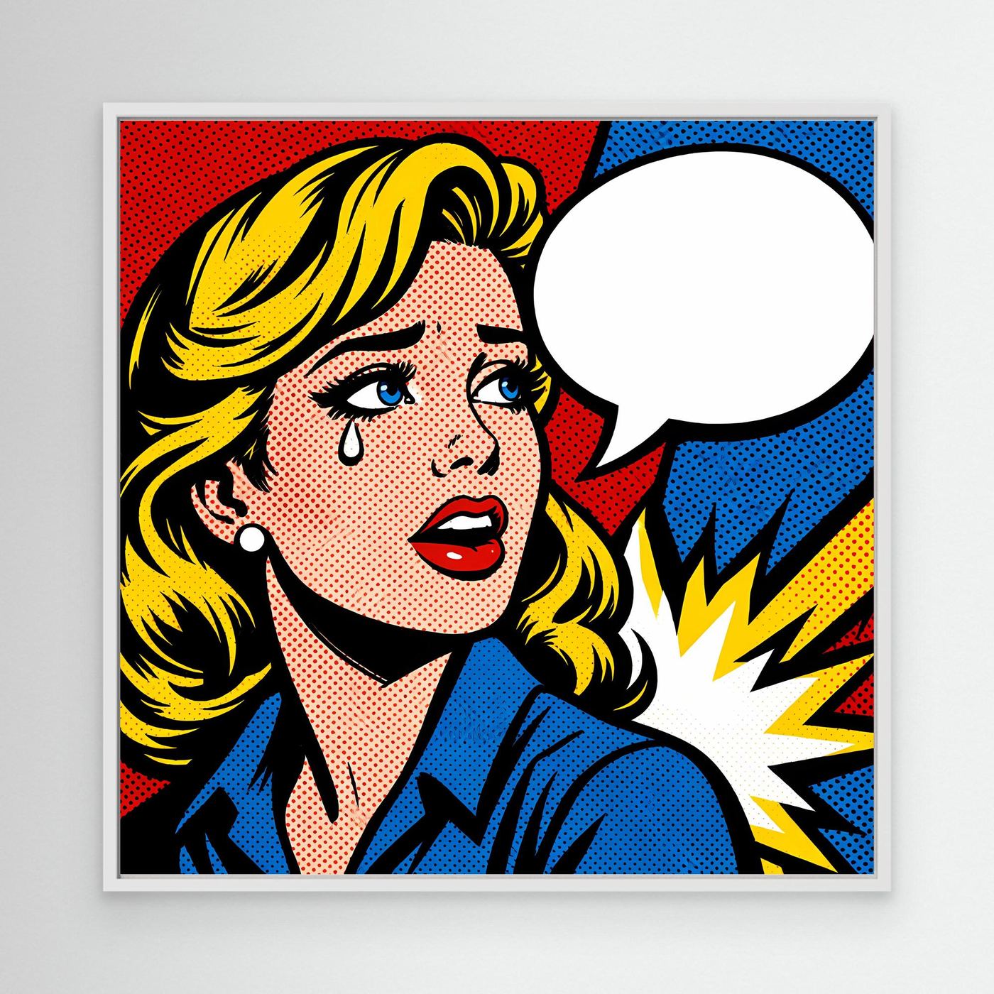 Leinwandbild mit Pop-Art-Frau, blauem Oberteil und Sprechblase, weißer Rahmen
