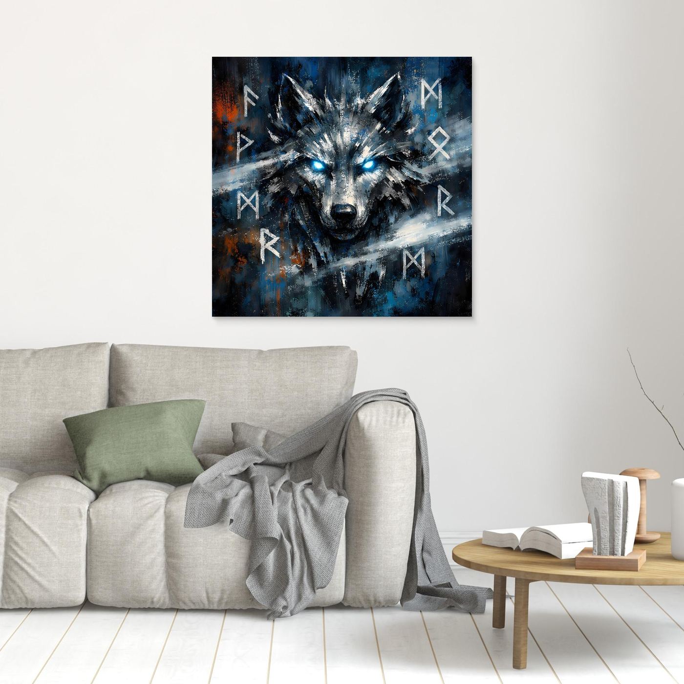 Quadratisches Leinwandbild mit Wolfkopf in Blau-Schwarz und Runen, schwarzer Rahmen