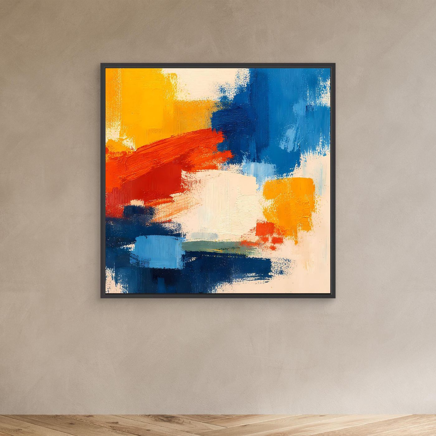 Abstract canvas wall art with blue, yellow, and red brushstrokes and visible paint texture