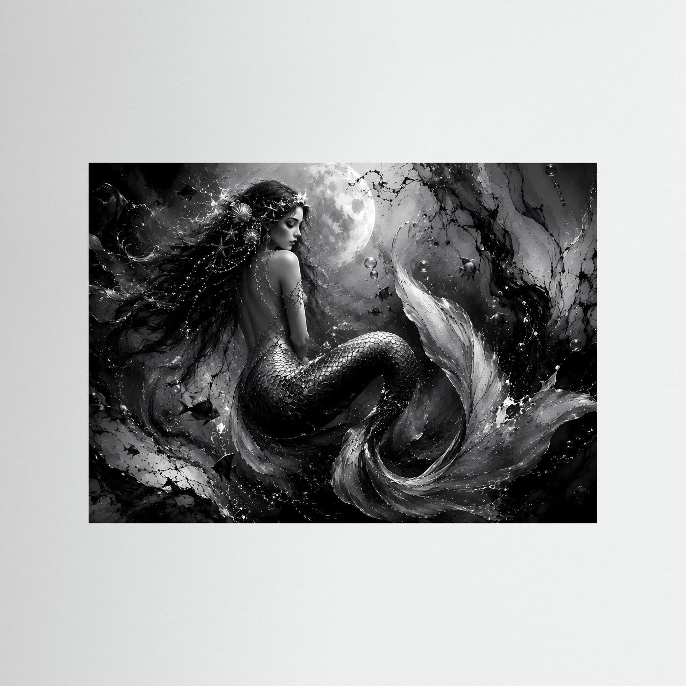 Mystische Meerjungfrau in Schwarz-Weiß | Elegantes Fantasy Poster Querformat