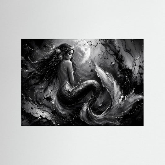Schwarzweiß-Fantasy-Poster mit Meerjungfrau in dunkler Pose, horizontal