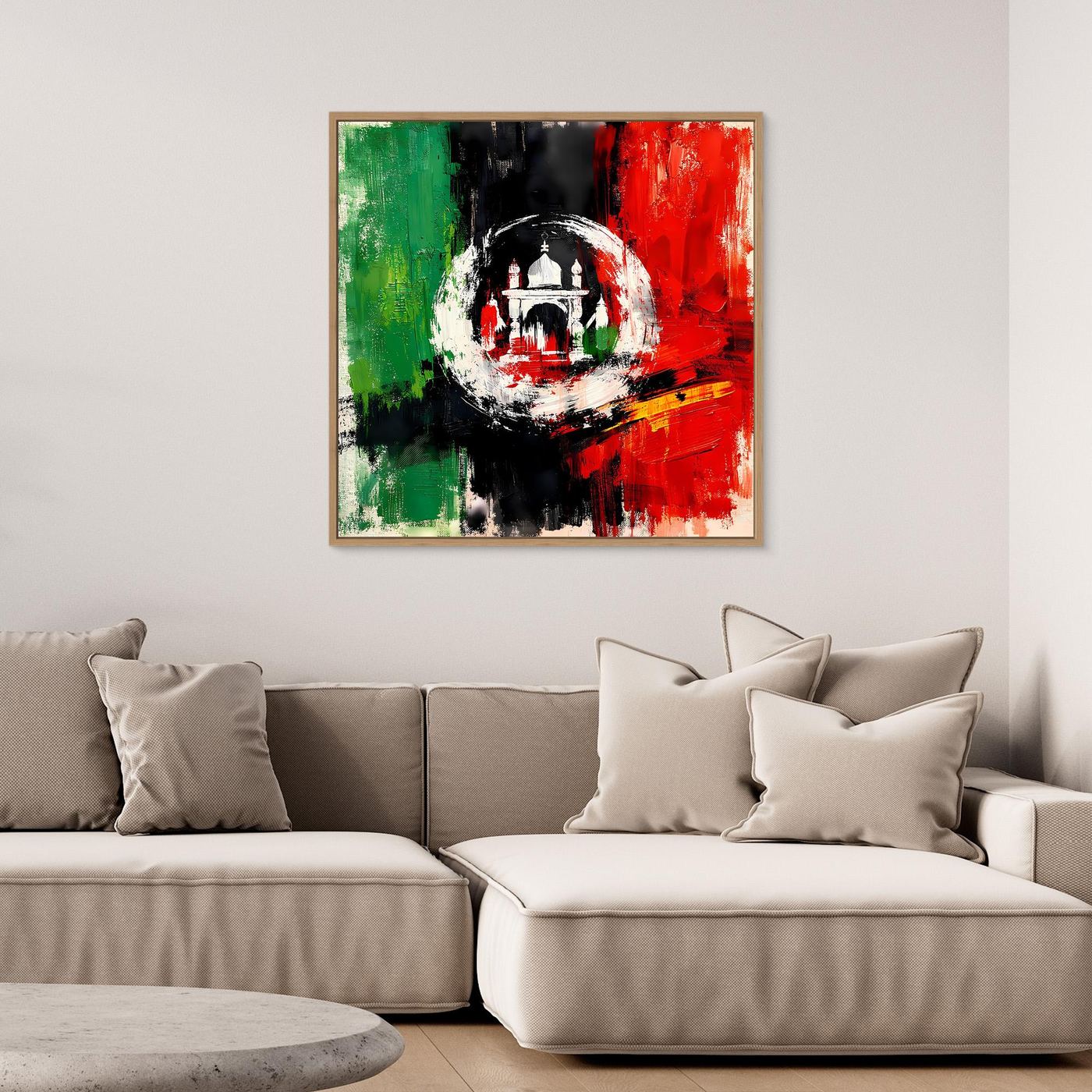 Framed abstract Afghanistan flag wall art with circular emblem, red and green paint splashes