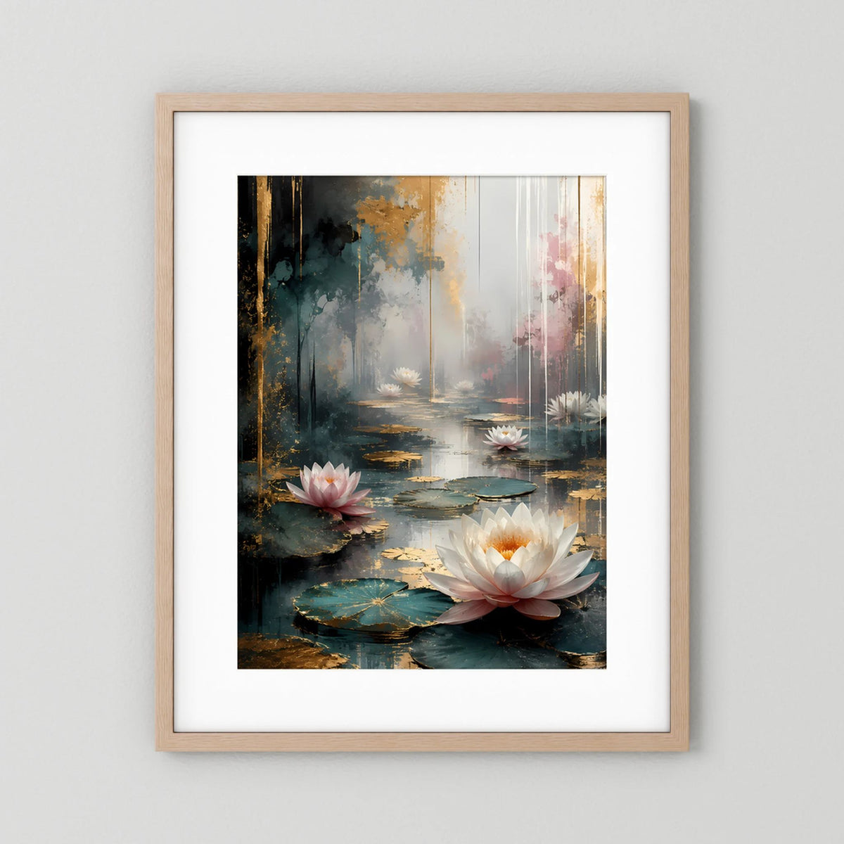 Poster mit Wasserlilien-Abstrakt in Weiß und Rosa, Holzrahmen hell, Hochformat