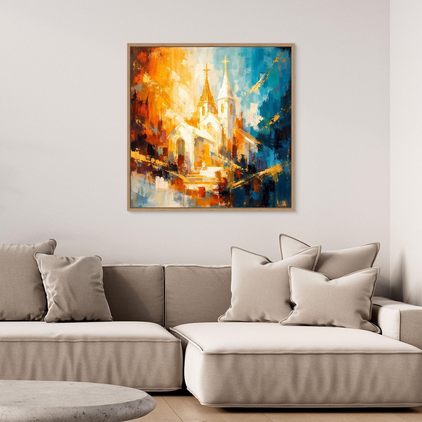 Leinwandbild mit hellem Holzrahmen, abstrakte Kirche in warmen Orange- und Blautönen