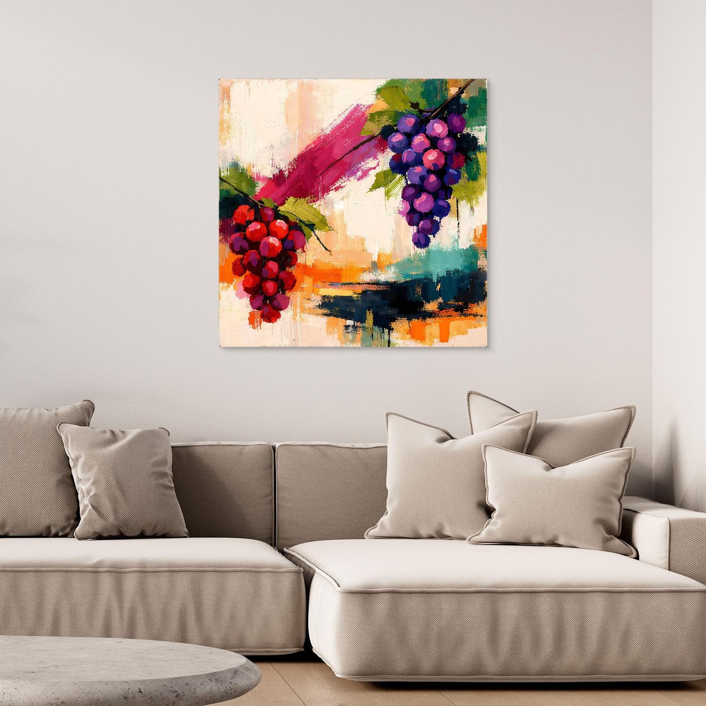 Abstract grape still life canvas wall art with red and purple grape clusters