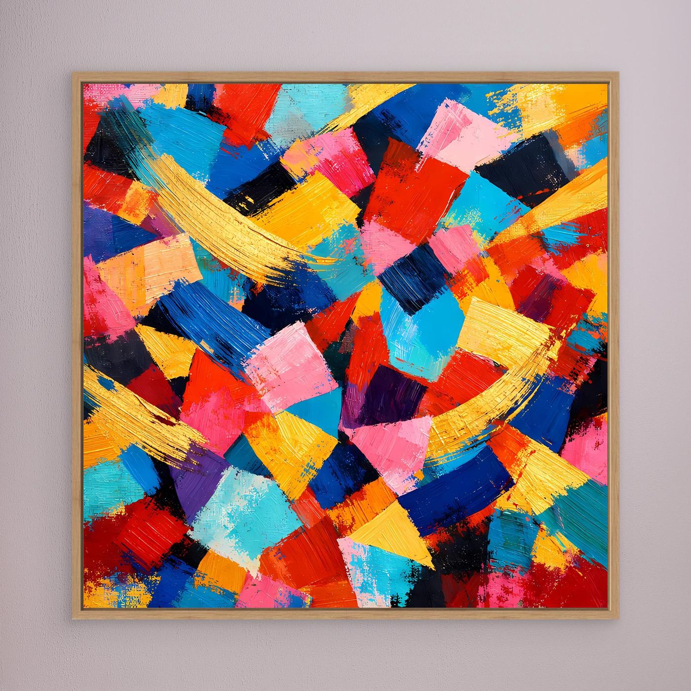 Leinwandbild mit bunten abstrakten Pinselstrichen, brauner Rahmen
