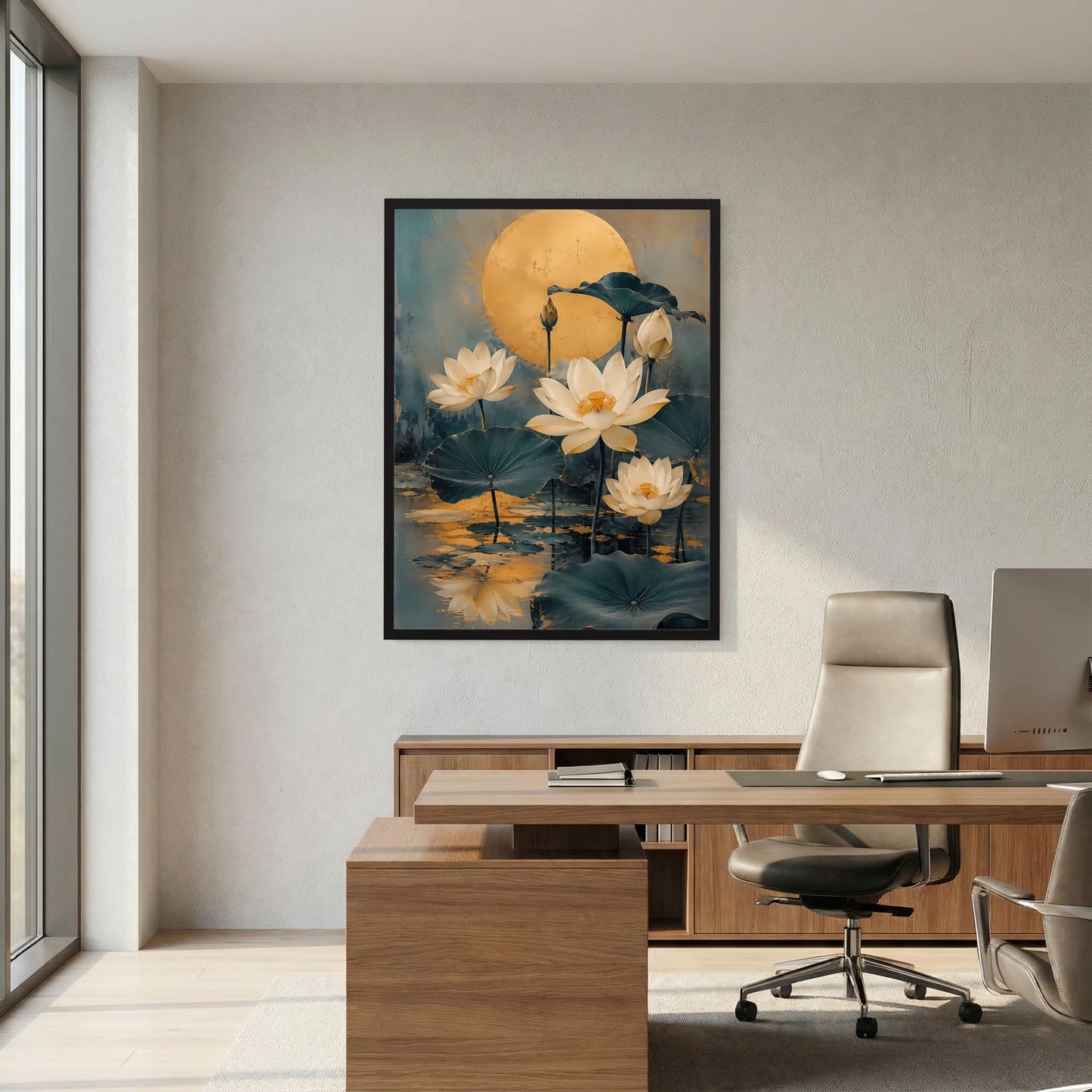 Poster mit goldenem Mond und weißen Lotusblüten, schwarz gerahmt
