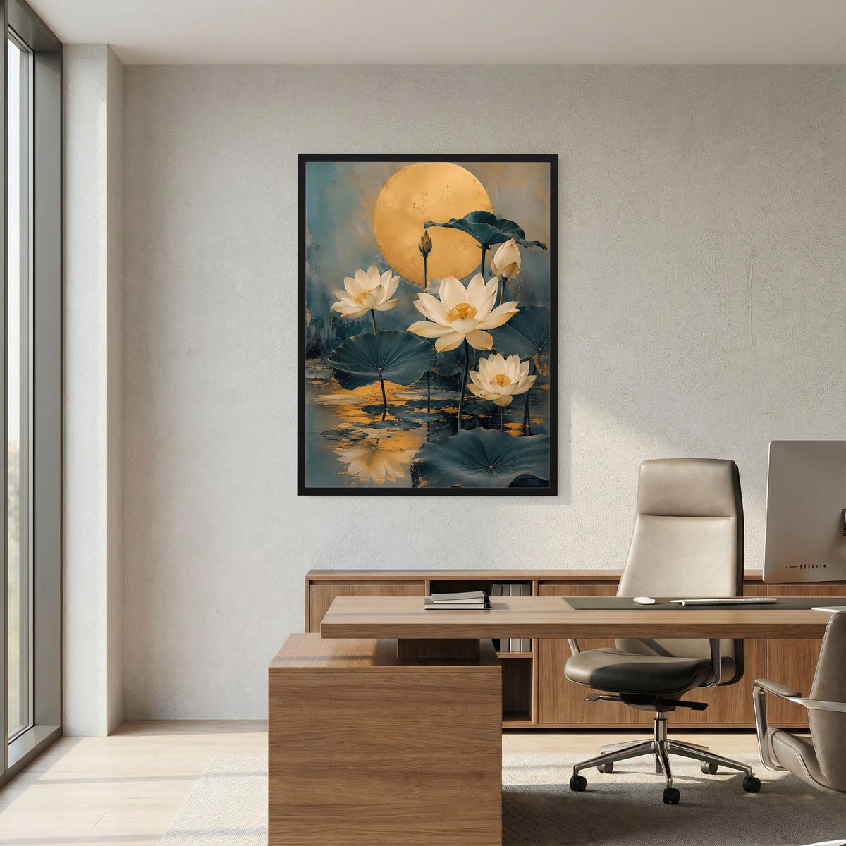 Poster mit goldenem Mond und weißen Lotusblüten, schwarz gerahmt
