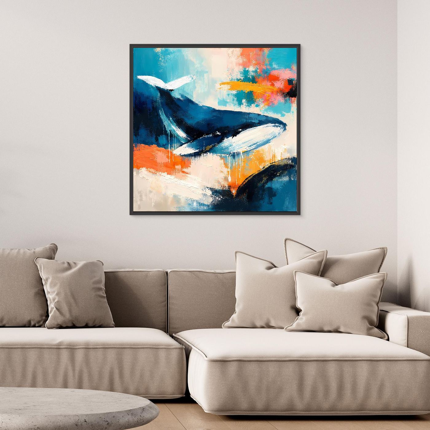 Abstraktes Wal-Wandbild auf Leinwand mit schwarzem Rahmen, blau-türkises Walmotiv mit Orange