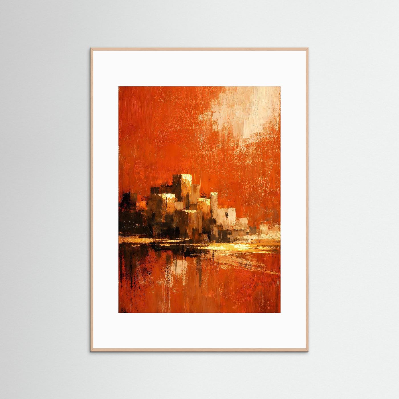 Abstraktes Kunstposter im Hochformat, terrakottaorange mit goldenen Akzenten, weißer Rahmen