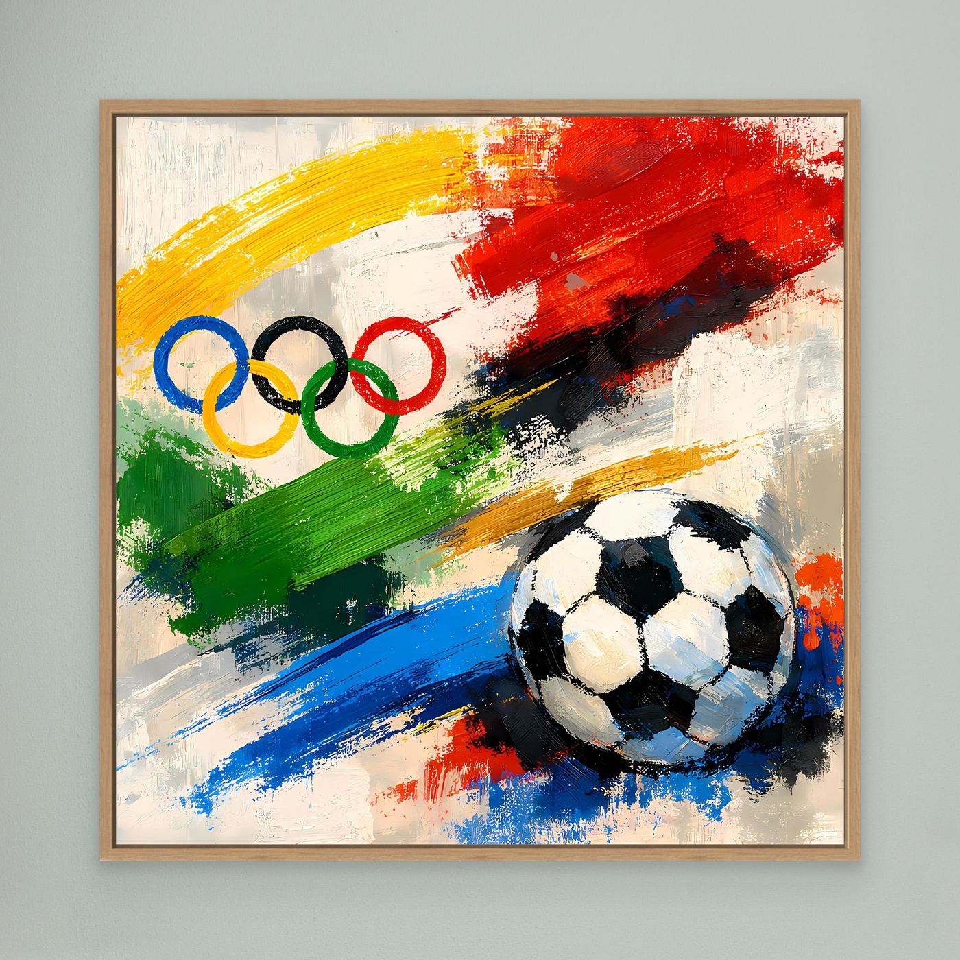 Leinwandbild mit Fußball, olympischen Ringen, im Eichenrahmen