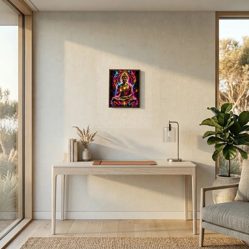 Neon-Buddha-Poster im schwarzen Rahmen: goldener Buddha im Lotussitz, leuchtende Linien