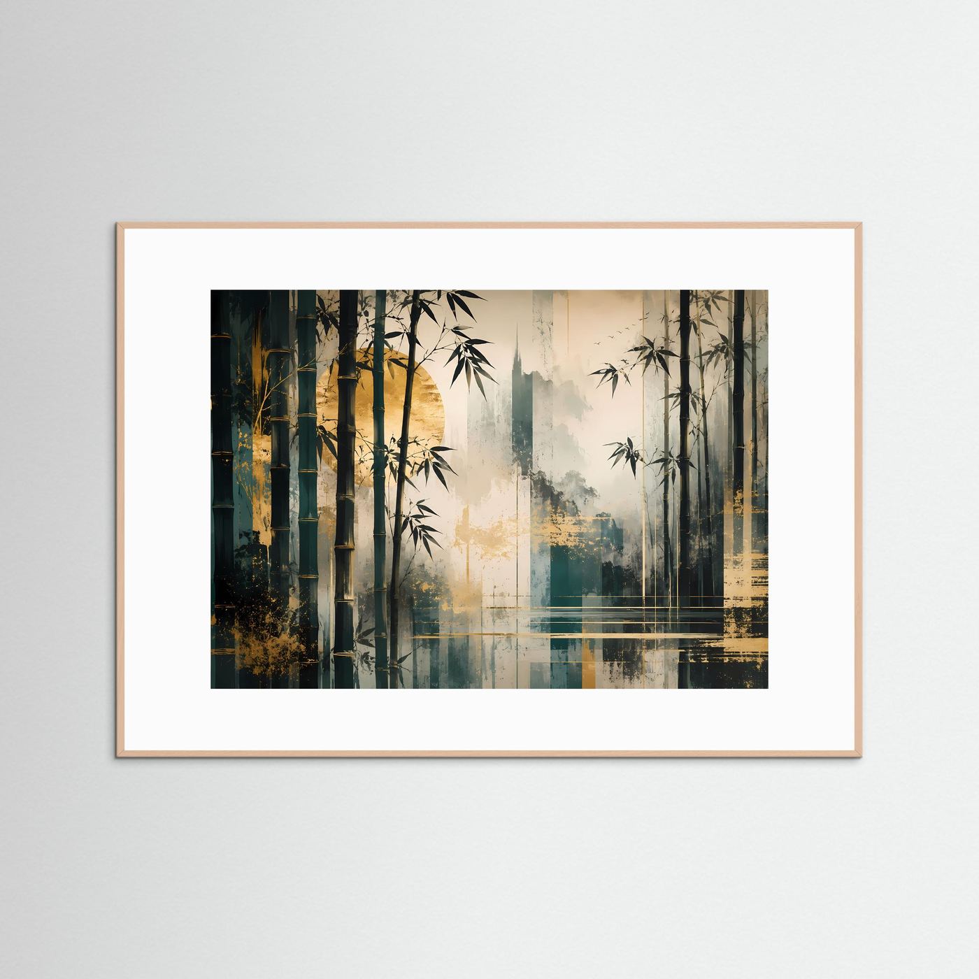 Poster im hellen Holzrahmen mit weißem Passepartout; abstrakte Bambuskunst in Petrol/Gold