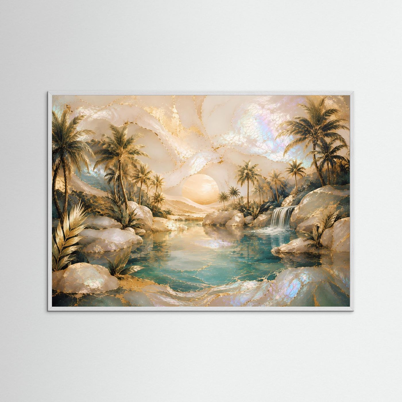 Querformat-Poster mit tropischer Landschaft: Palmen, Wasserfall und türkisfarbener Bachlauf im weißen Rahmen.