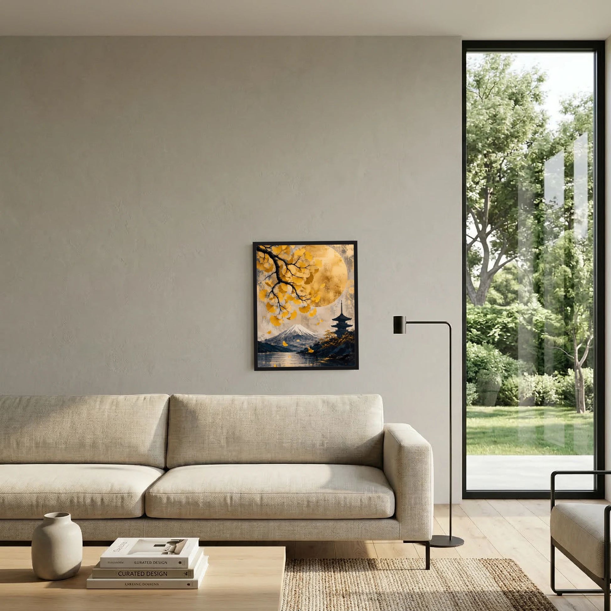 Gerahmtes Poster neben Sofa: japanische Landschaft mit Fuji, Pagode, Mond und goldgelben Ginkgoblättern