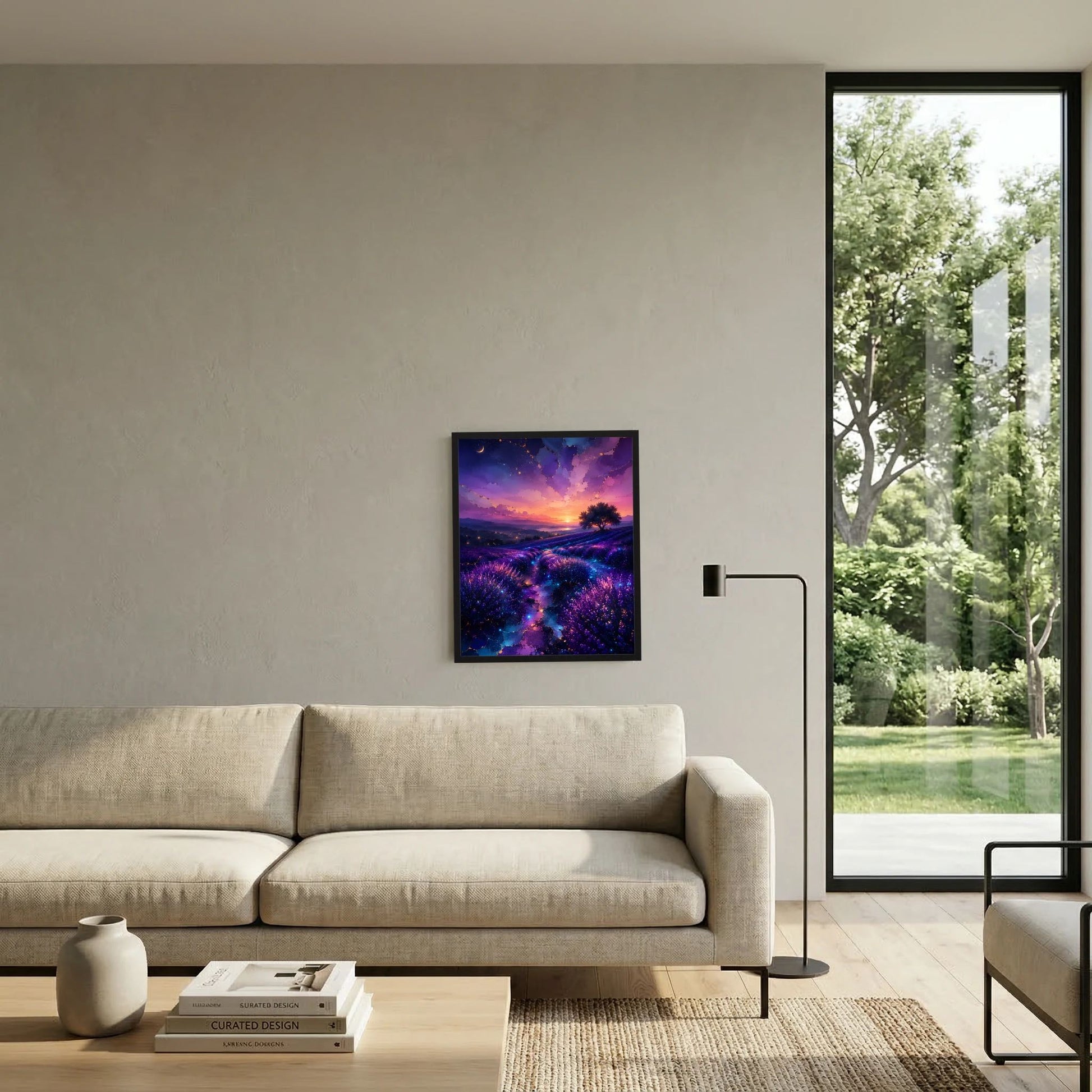 Hochformat-Poster im schwarzen Rahmen mit Lavendelfeld in Violett und Blau