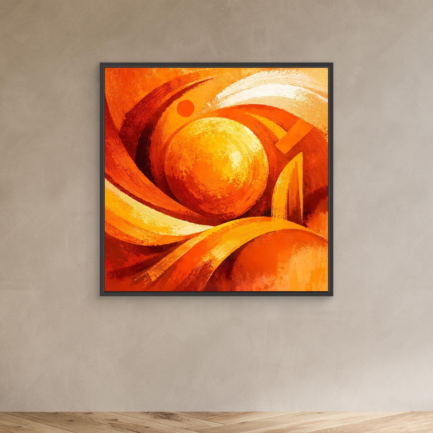 Leinwand-Wandbild mit orange-gelben Wirbeln, runder Kugel und hellen Farbwirbeln, mit Rahmen