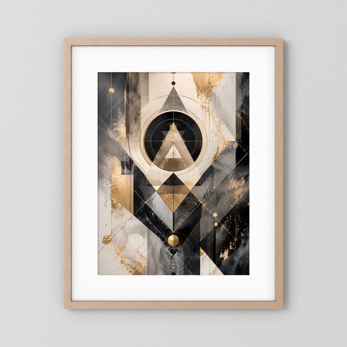 Abstraktes Kunstposter im Hochformat mit Kreisen und Rauten in Schwarz, Gold und Beige, helle Holzumrandung.