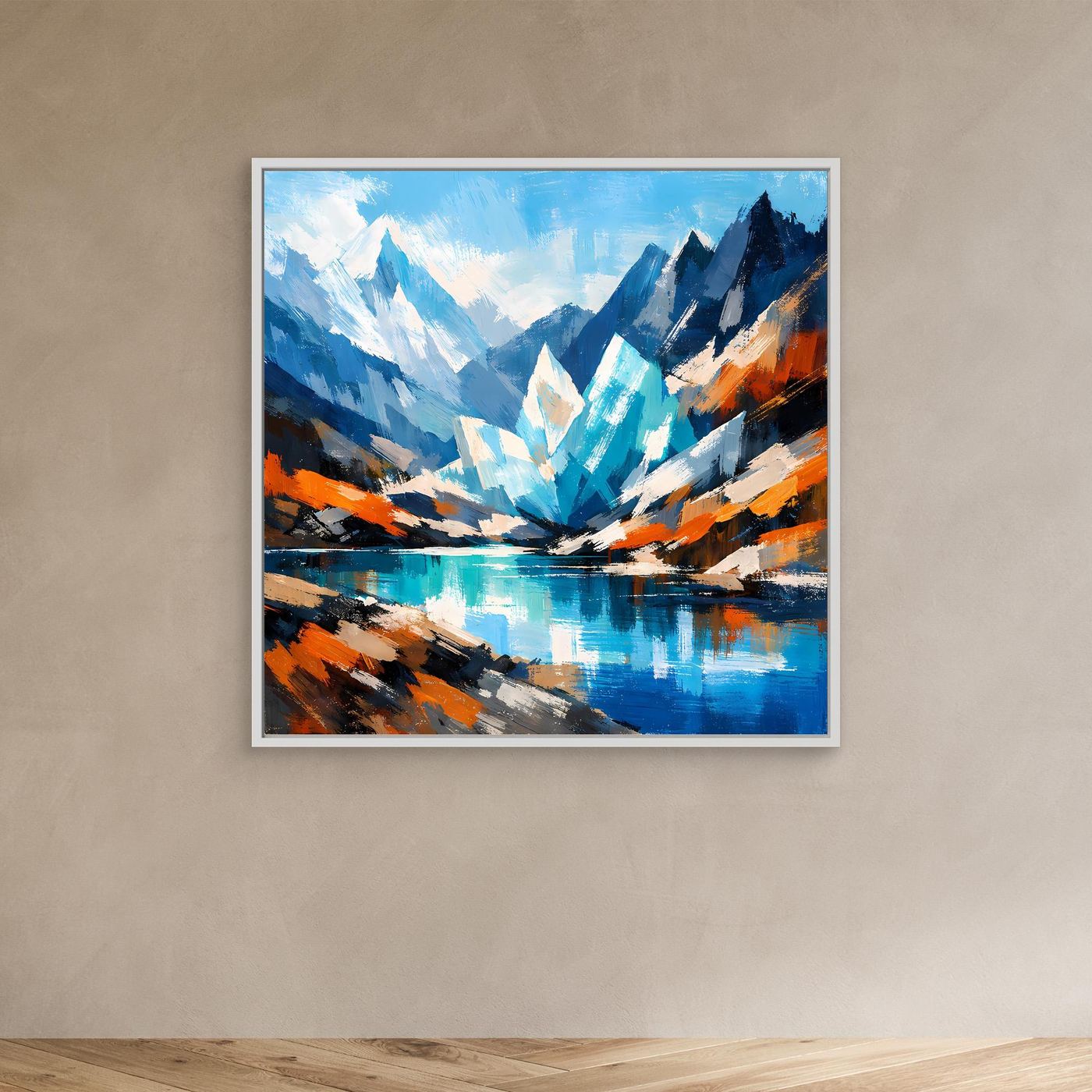 Abstraktes Leinwand-Wandbild mit Gletschersee-Malerei, blau-orange im weißen Rahmen