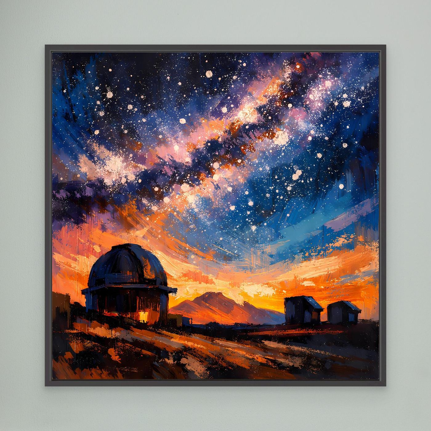 Wandbild: abstrakte Galaxie mit Sternen, Sternwarte mit Teleskop, schwarz gerahmt