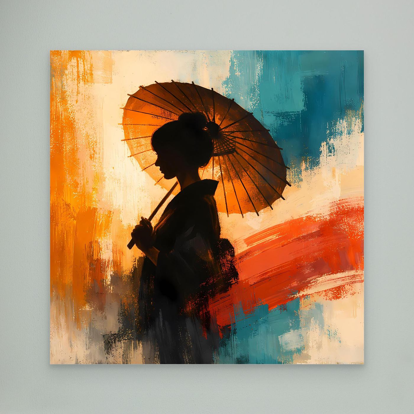 Leinwand Elegante Frau mit Sonnenschirm | Ästhetisches Japanisches Wandbild auf Keilrahmen