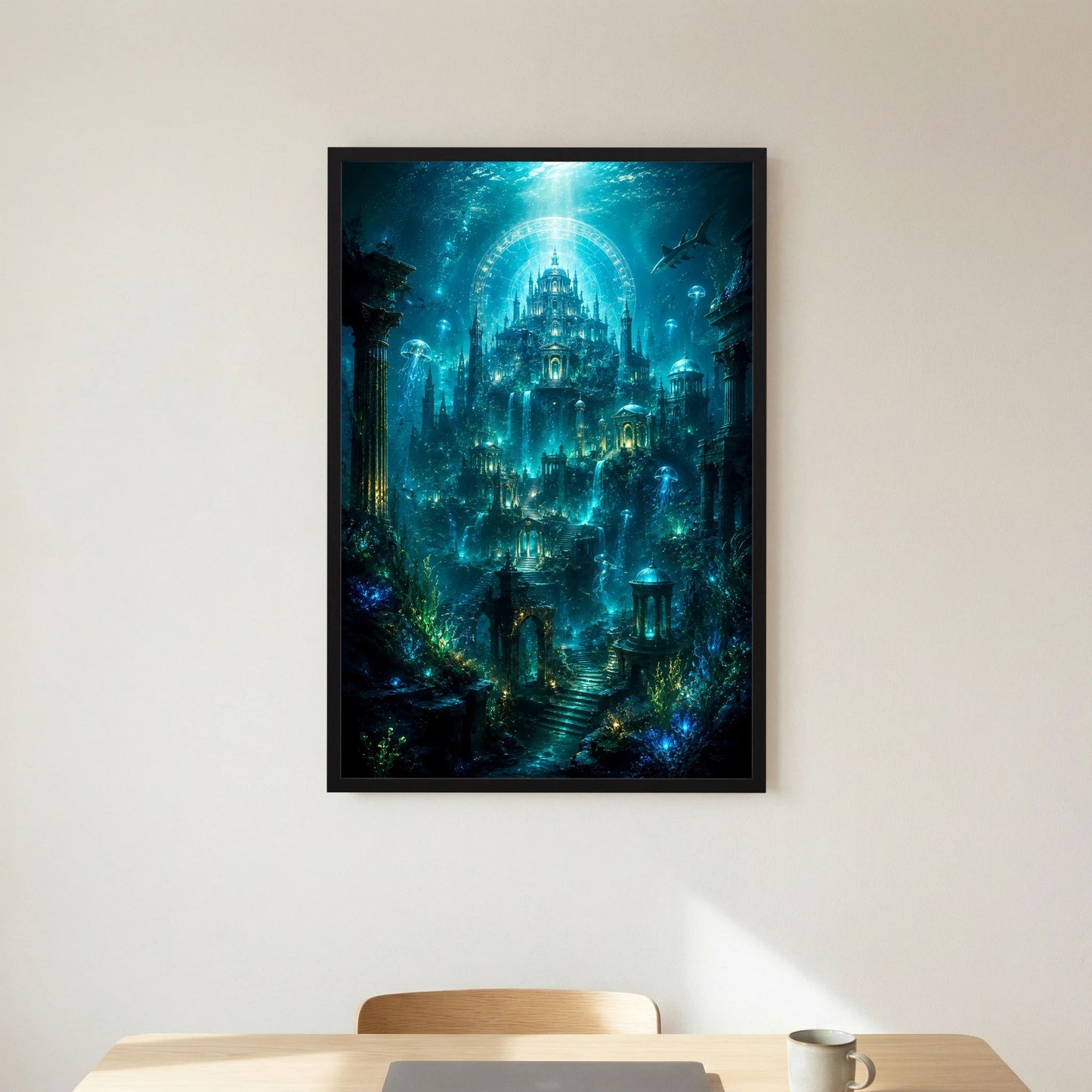 Hochformat-Poster im schwarzen Rahmen mit Unterwasser-Tempel und leuchtenden Lichtkegeln