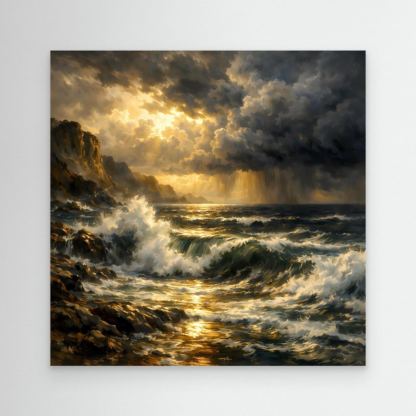 Leinwandbild mit stürmischem Meer, goldener Lichtstimmung, Wellen und Felsen, ohne Rahmen