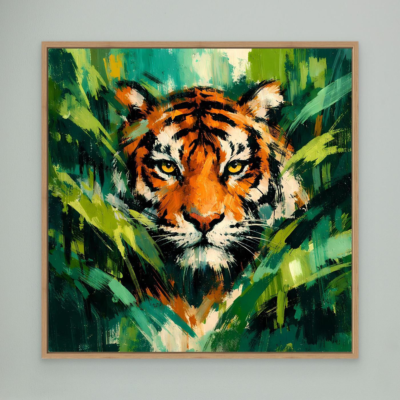 Leinwand Abstraktes Tiger Gemälde | Modernes Wandbild Raubkatze Dschungel Grün Orange