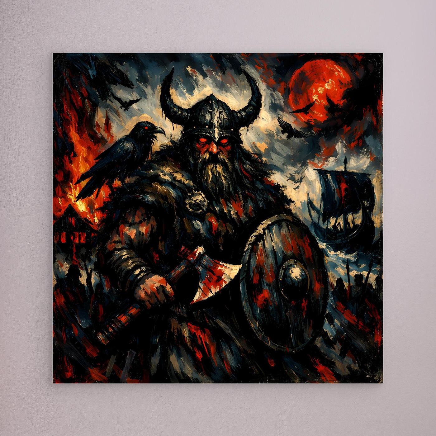 Leinwand Düsterer Wikinger-Krieger unter dem Blutmond | Expressives Nordmann Wandbild