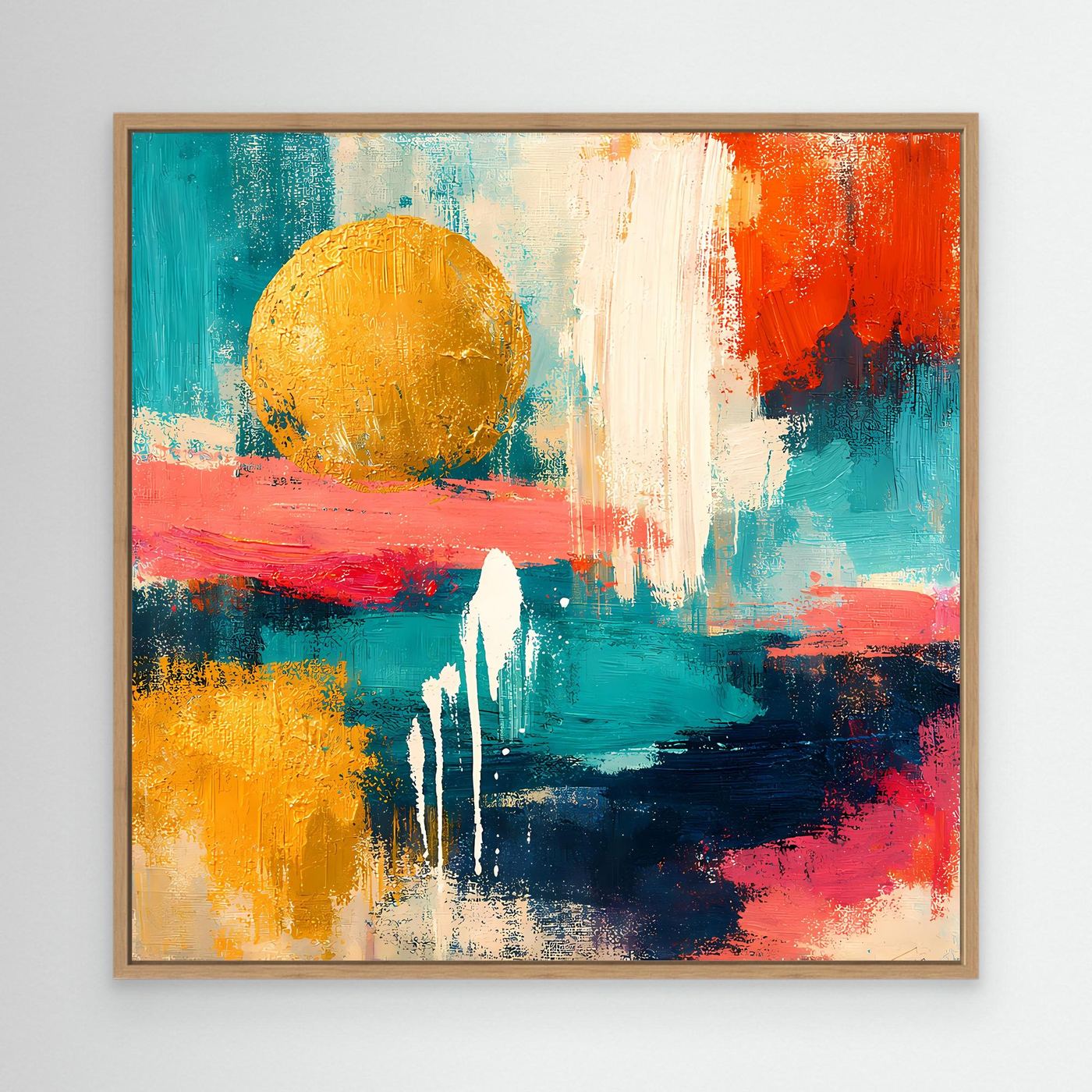 Abstraktes Leinwandbild mit goldener Sonne und Farbexplosionen, Eichenrahmen