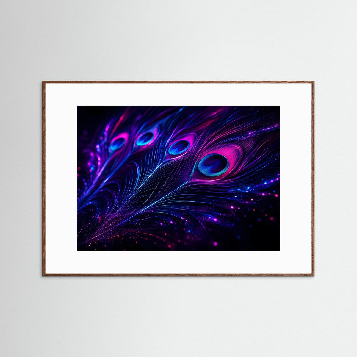 Leuchtende Pfauenfeder-Wandkunst mit Neon-Feder, magenta und blau, braun gerahmt